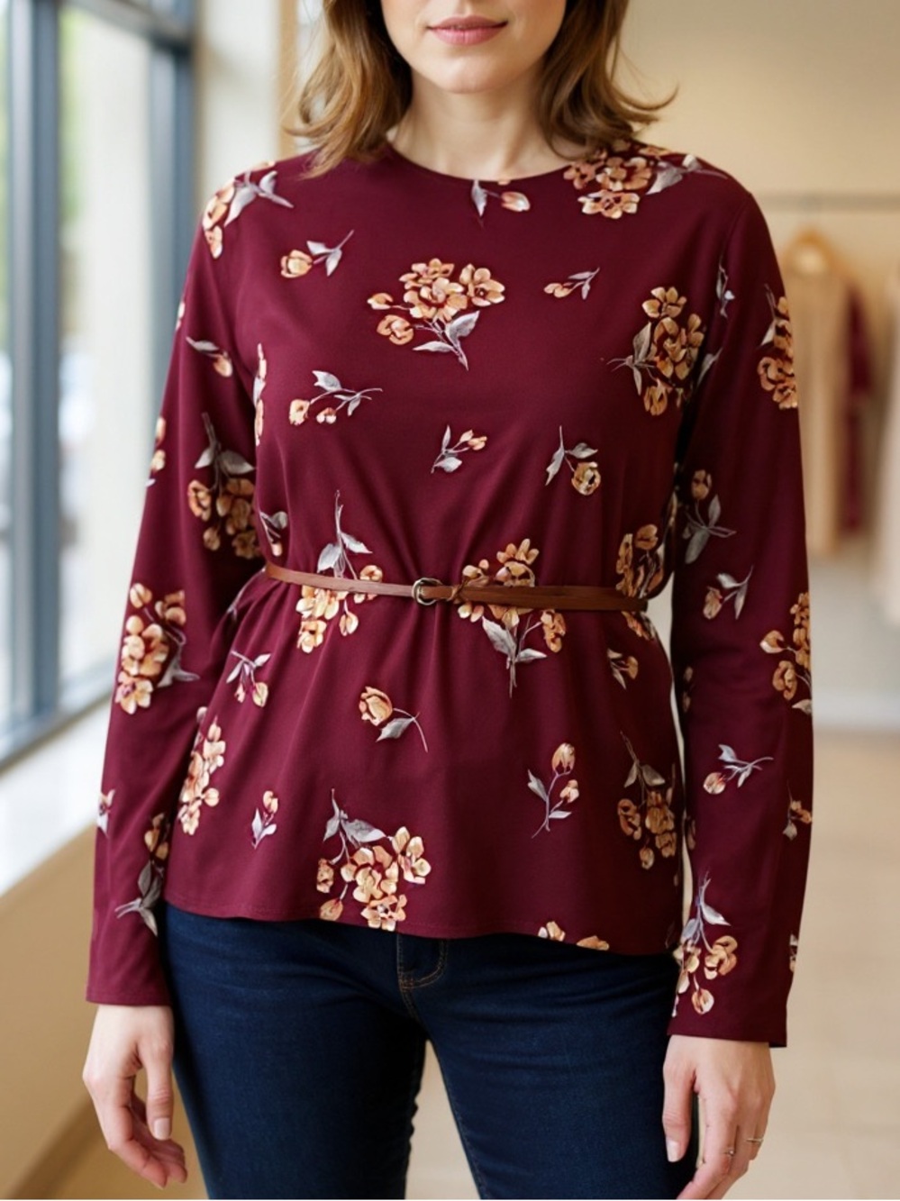 Vtg 90s Grunge Boho Burgundy Maroon Fall Floral Print Oversized Blouse Top 16 XL